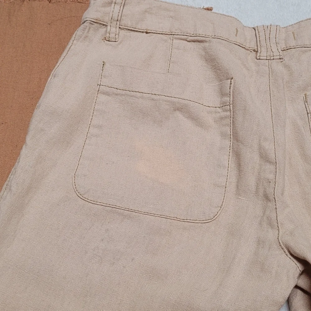 Rare Free People Beige Tan Ombre Linen Low Rise Raw Cut Bell Bottom Jeans